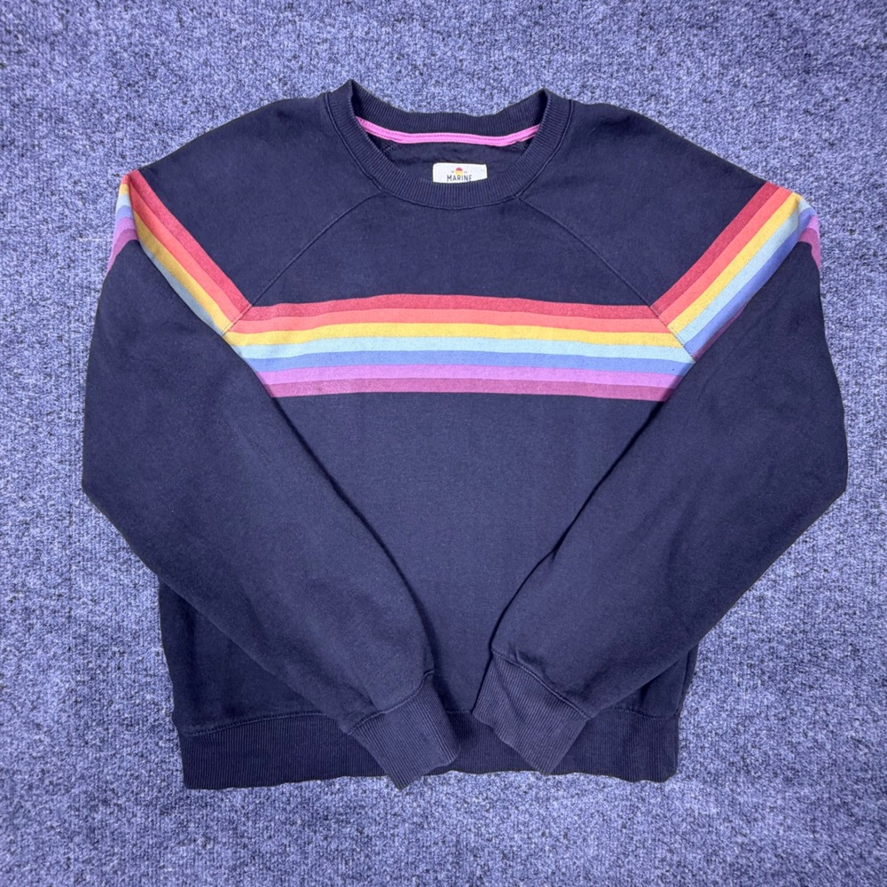 Marine Layer Womens Rainbow Stripe Raglan Sweatshirt Charcoal Gray Small